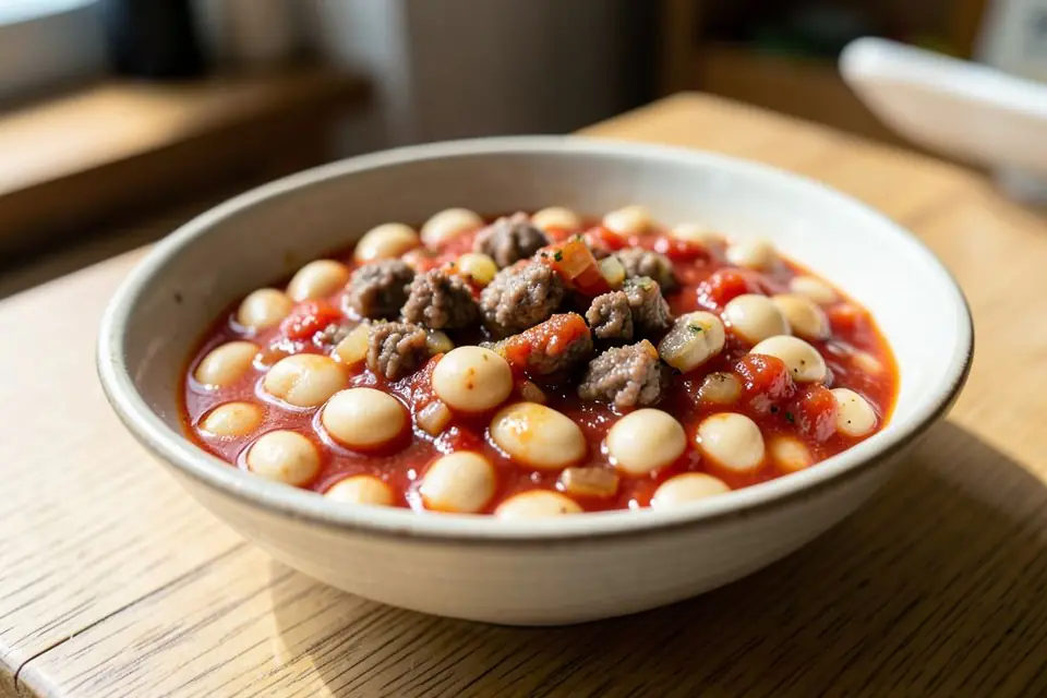 White bean stew with ground meat and tomato paste in a bowl