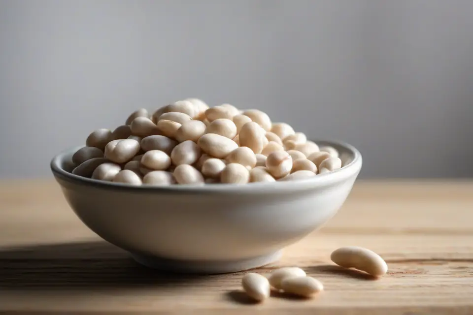 Raw dried white beans in a bowl