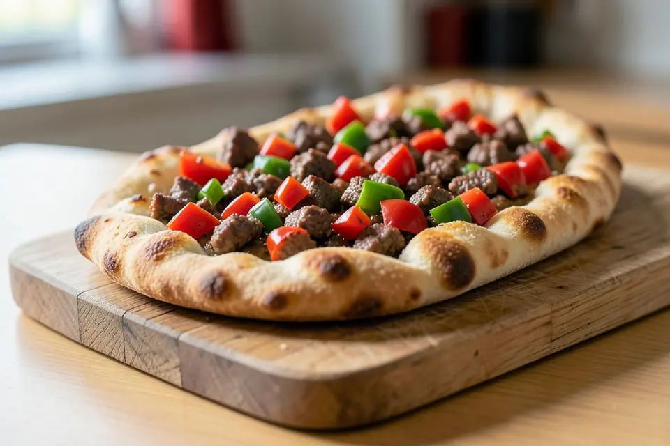 Diced meat pide on a wooden board