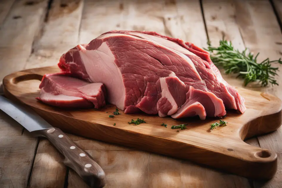 Raw leg of lamb on a cutting board