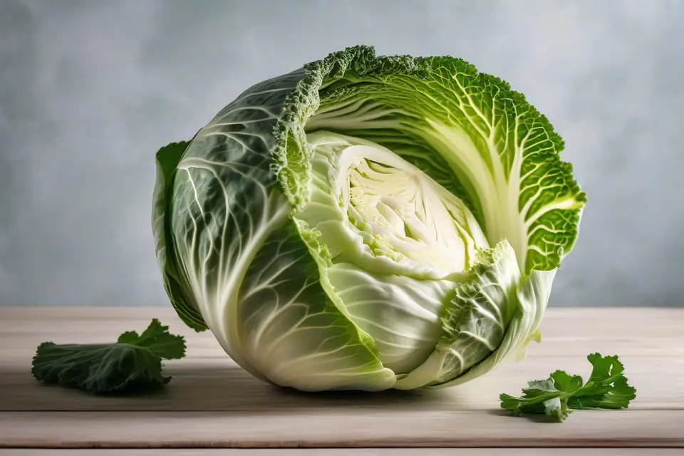 A fresh white cabbage, half cut open