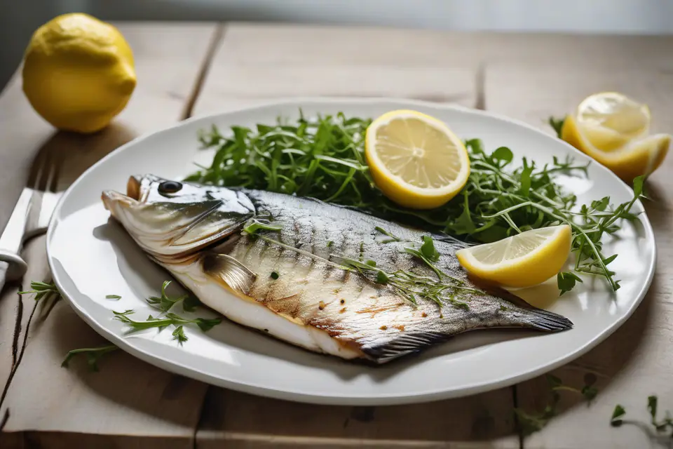 Grilled sea bass with lemon and arugula