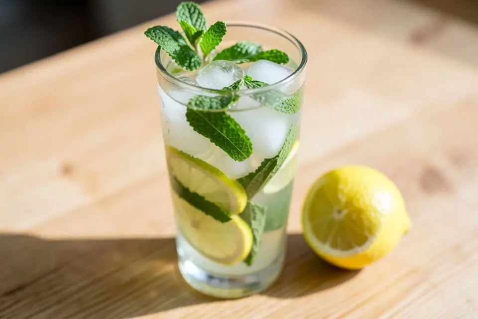 Homemade lemonade with mint and ice in a glass