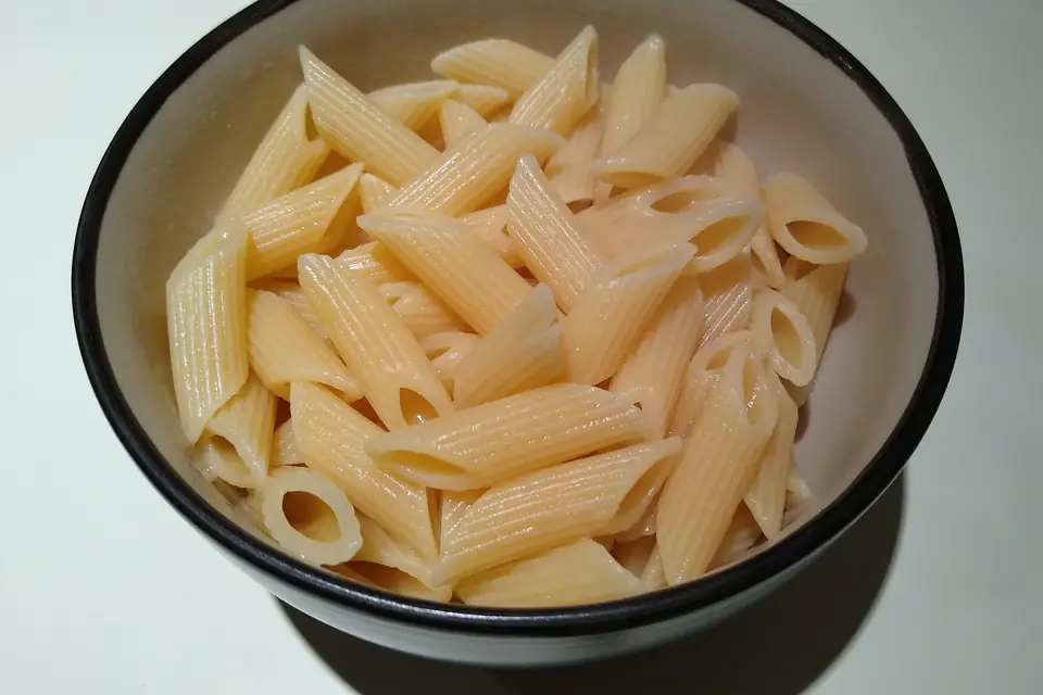 Boiled penne pasta in a bowl