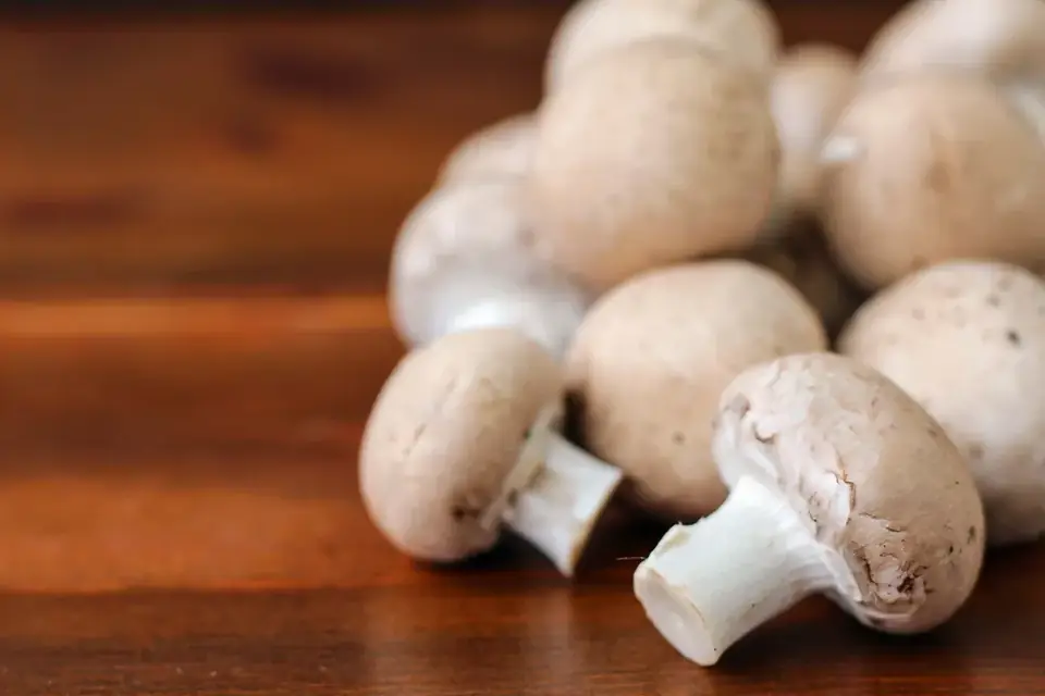 White button mushrooms on a wooden table