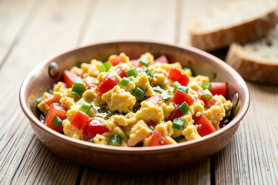 Menemen in a copper pan with bread