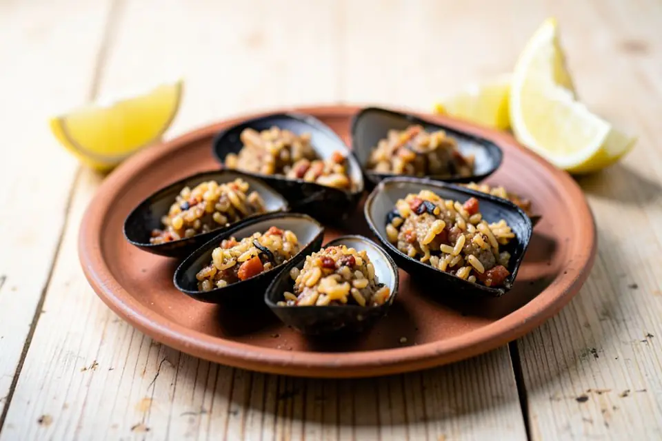 Stuffed mussels with lemon on a plate