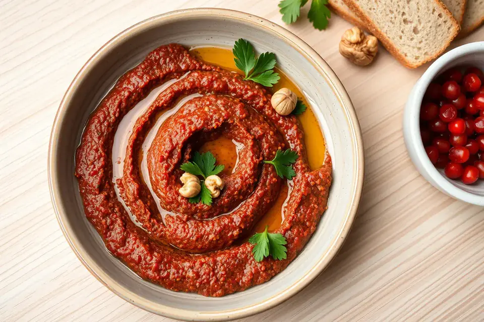 Muhammara with walnuts and parsley, pomegranate seeds and bread