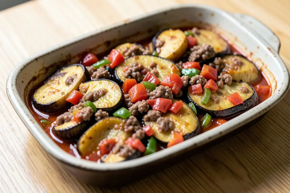 Eggplant moussaka in a baking dish