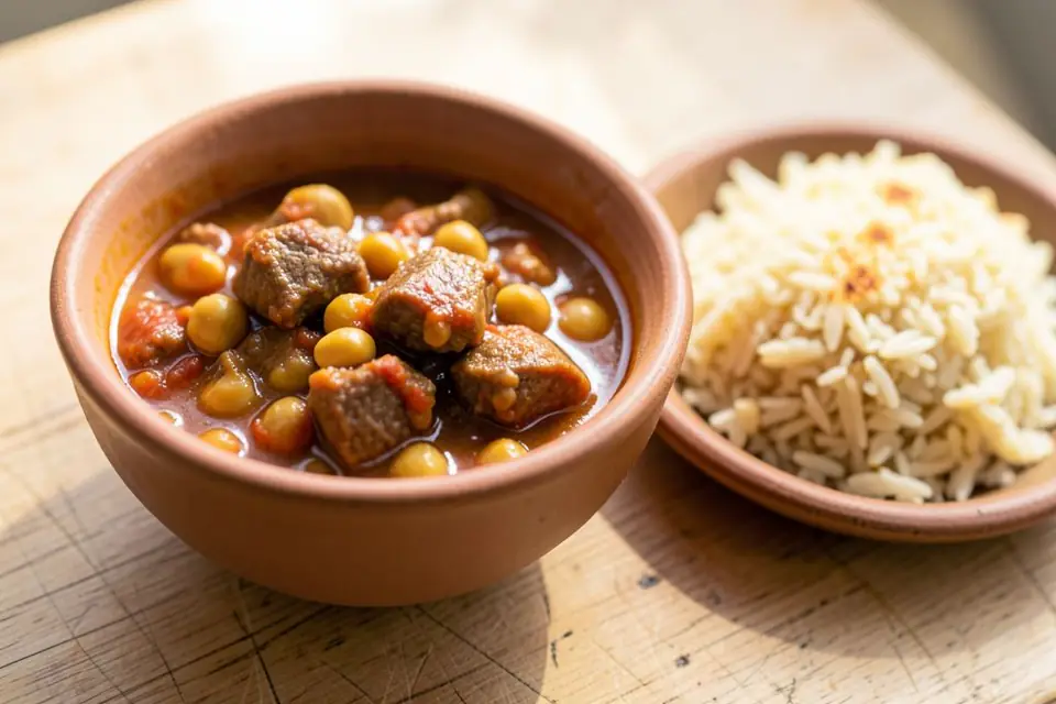 Chickpea stew with meat, rice on the side