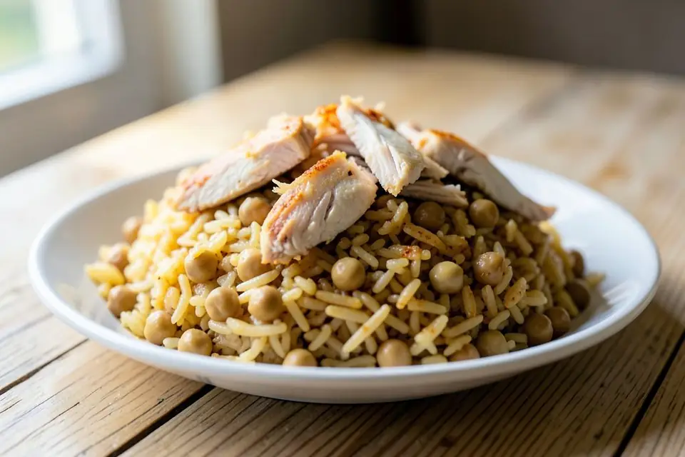 Rice pilaf with chicken and chickpeas on a plate