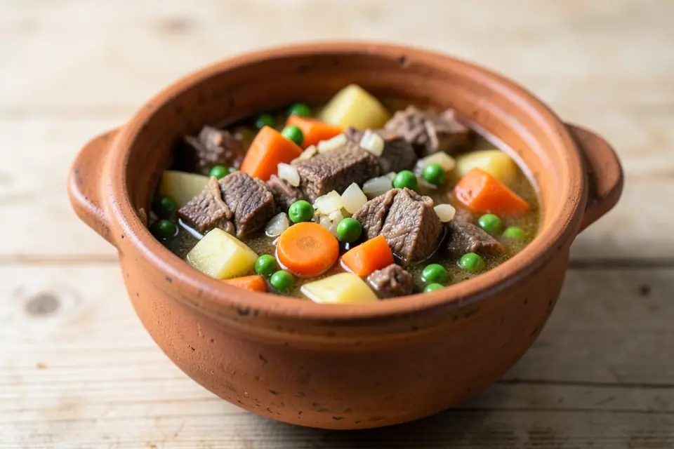 Forest kebab with vegetables in a clay pot
