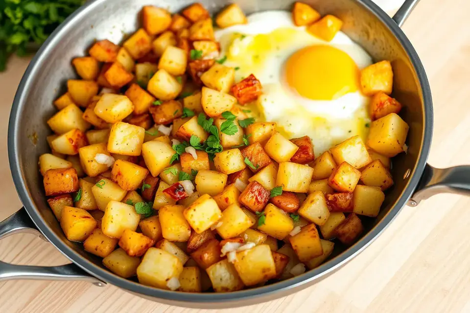 Eggs with potatoes in a pan