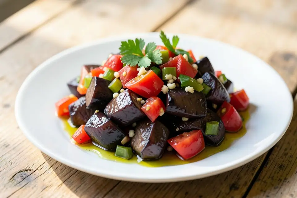 Roasted eggplant salad with tomatoes and peppers