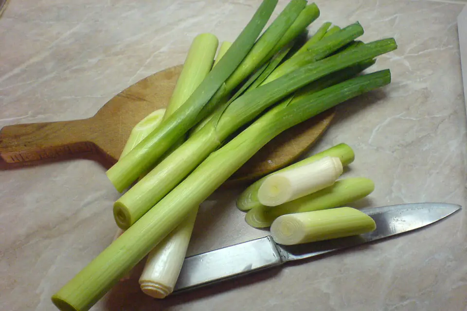 Fresh leeks, whole and chopped, on a cutting board