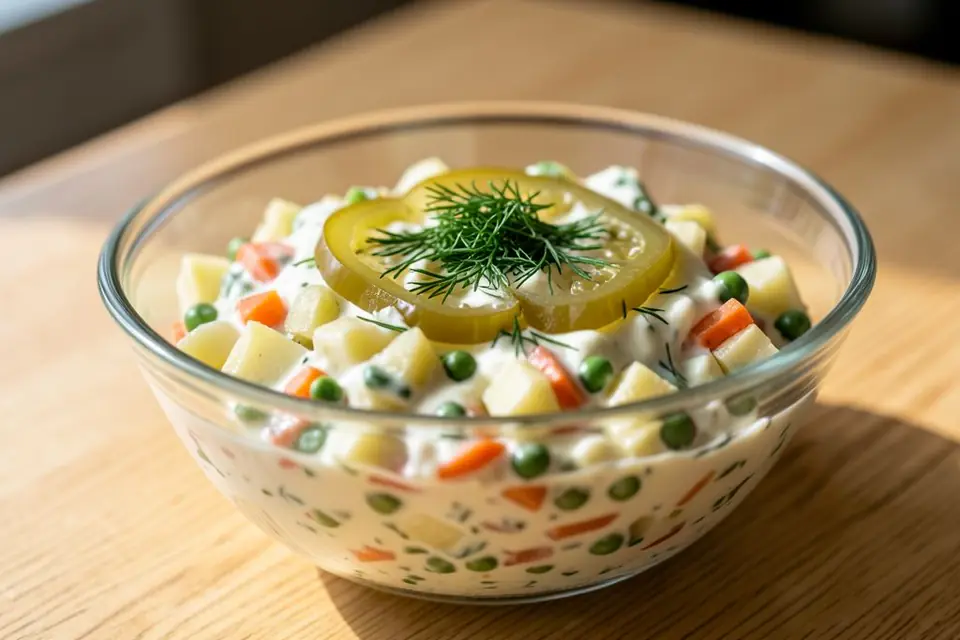 Russian salad with mayonnaise and peas in a glass bowl