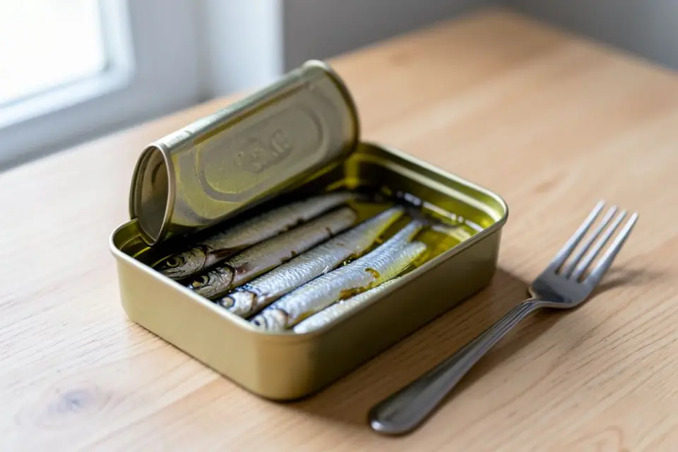 Sardines in oil in an opened can