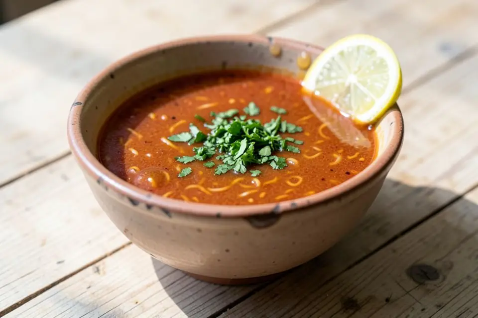 Vermicelli soup with tomato in a bowl