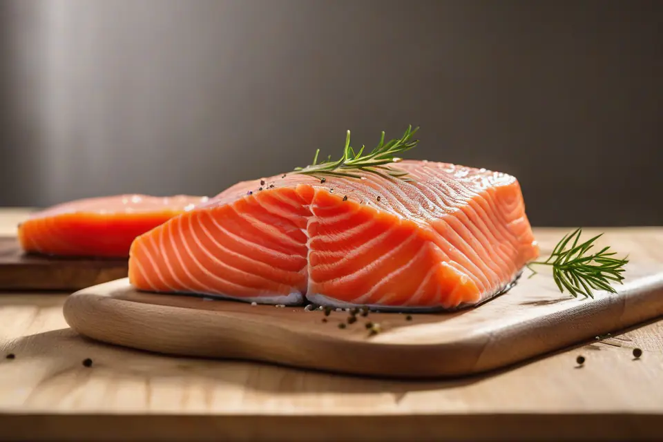 A raw salmon fillet on a cutting board