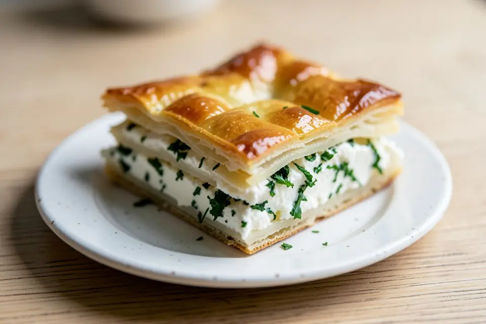 A slice of su böreği on a plate