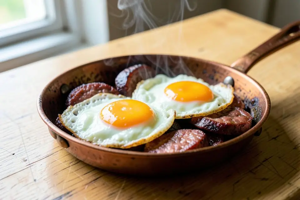Eggs with sucuk in a copper pan