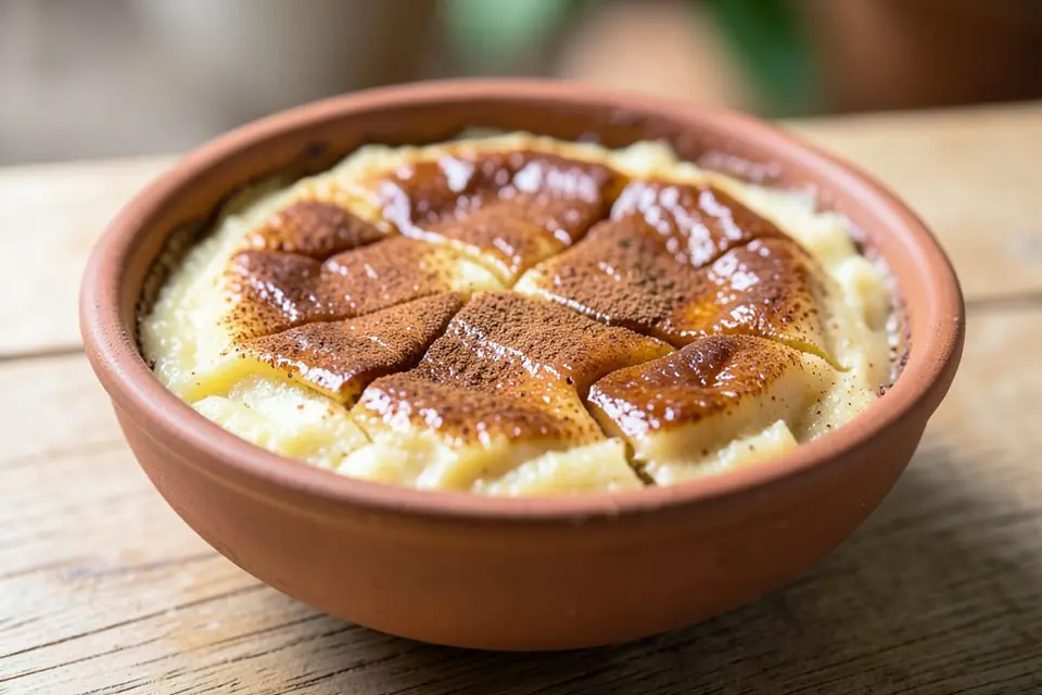 Baked sütlaç in a clay bowl