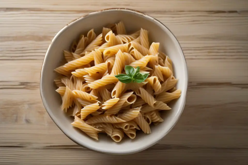 Boiled whole wheat pasta in a bowl
