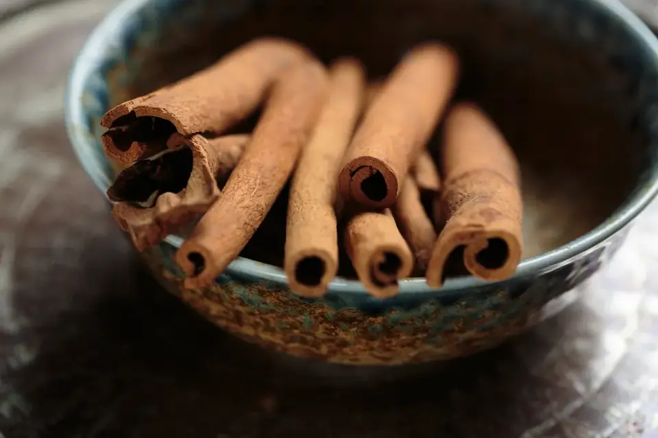 Cinnamon sticks in a patterned bowl