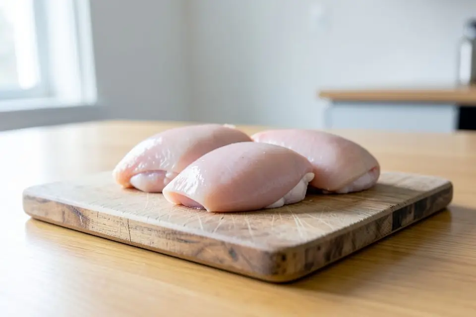 Raw skinless chicken thighs on a cutting board