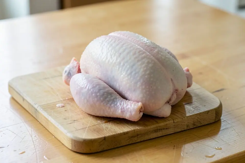 A raw whole chicken on a cutting board