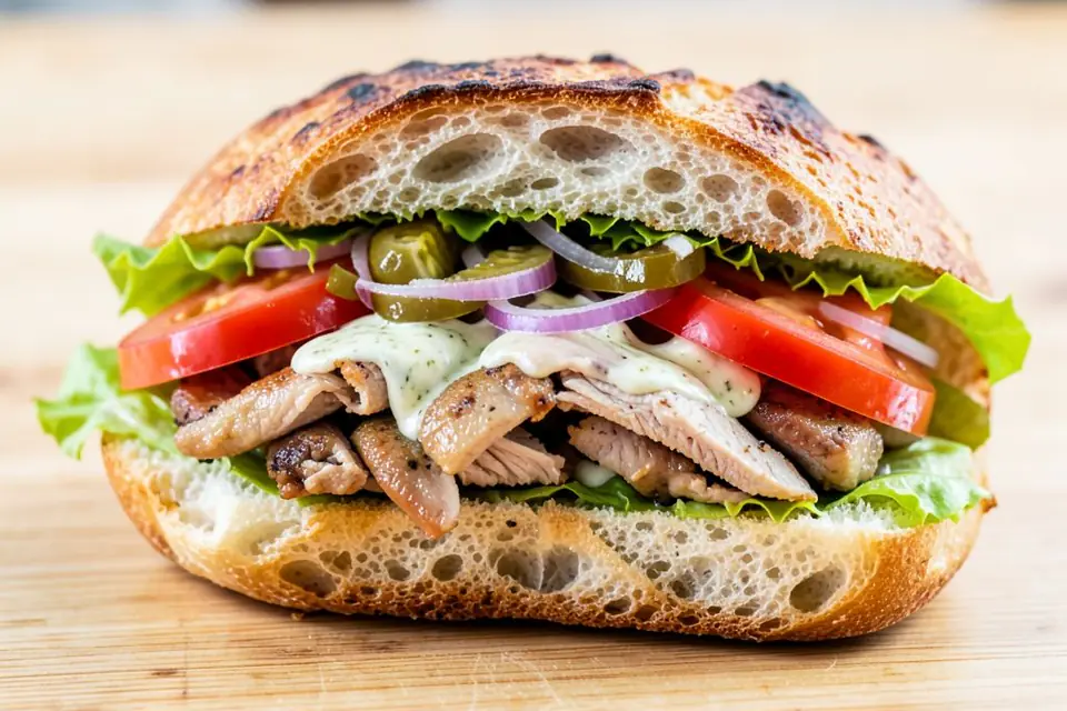 Chicken döner in half a loaf of bread