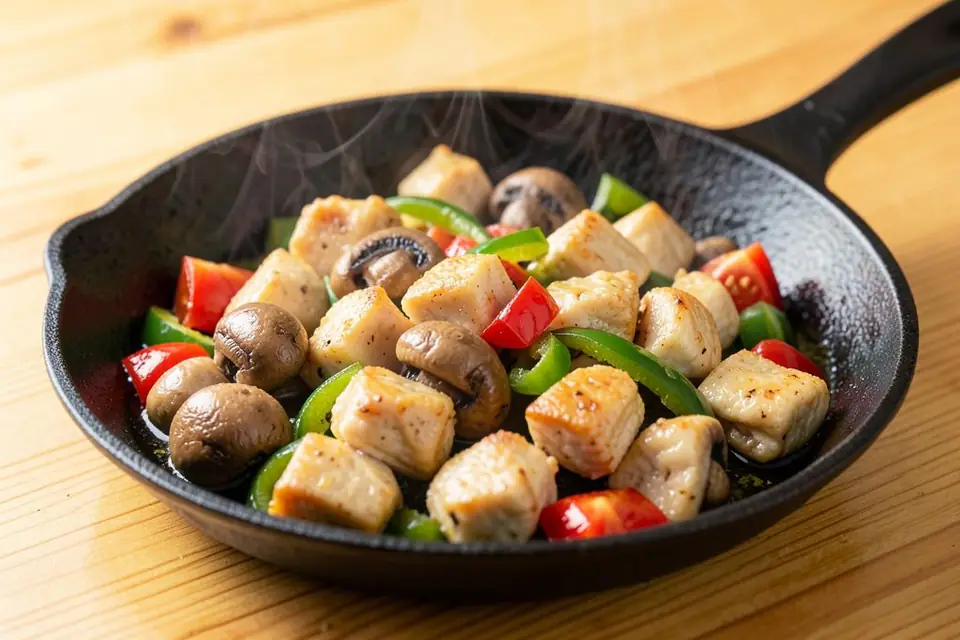 Chicken sauté with mushrooms in a pan