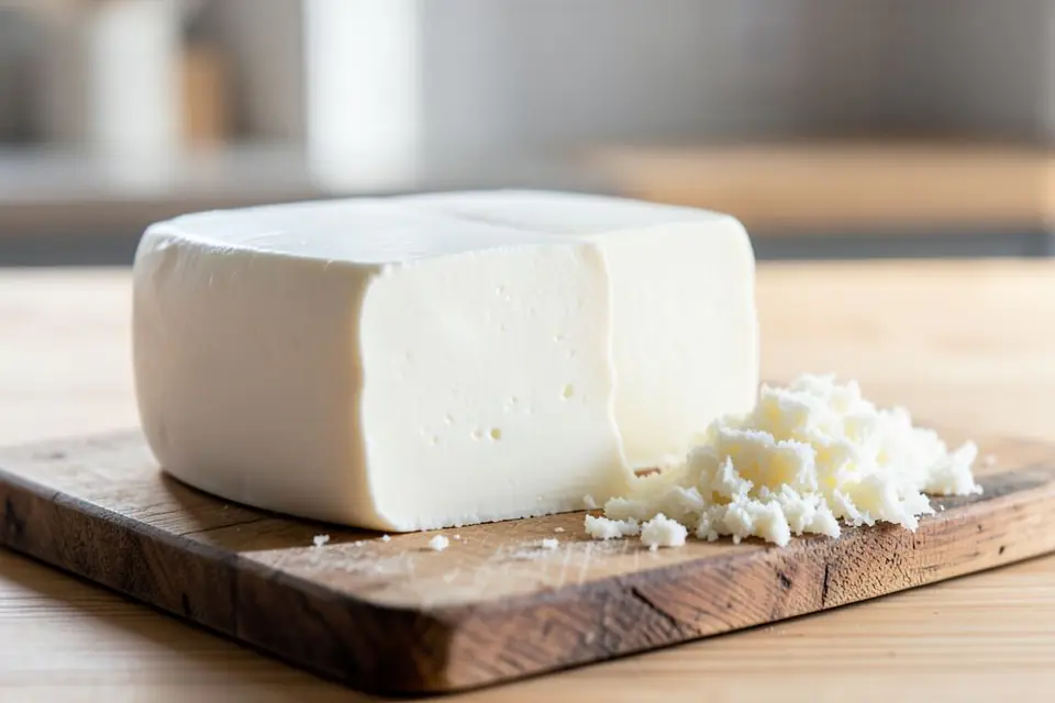 Sliced unsalted white cheese on a wooden board