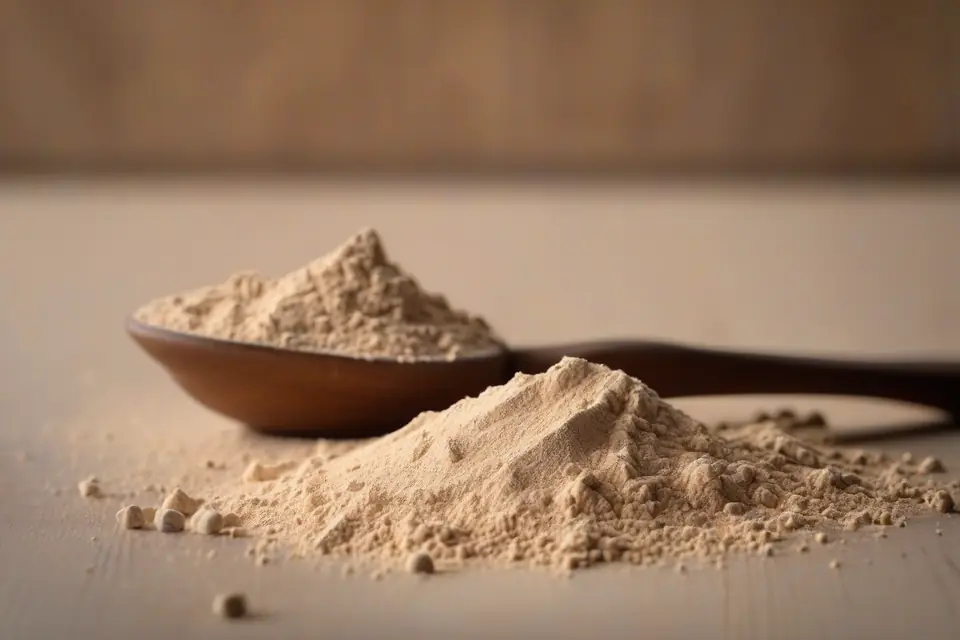 Whey protein powder in a scoop
