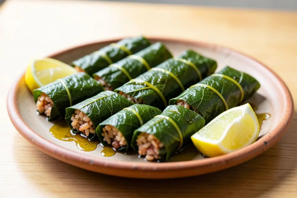 Grape leaves stuffed with rice in olive oil, with lemon, on a plate