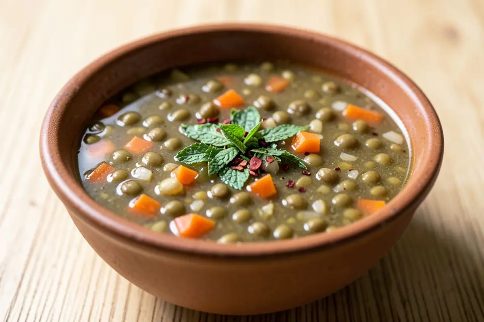 Green lentil soup in a bowl