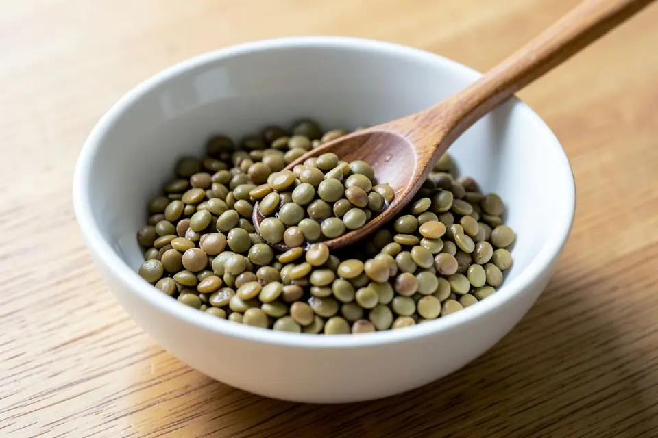 Boiled green lentils in a bowl