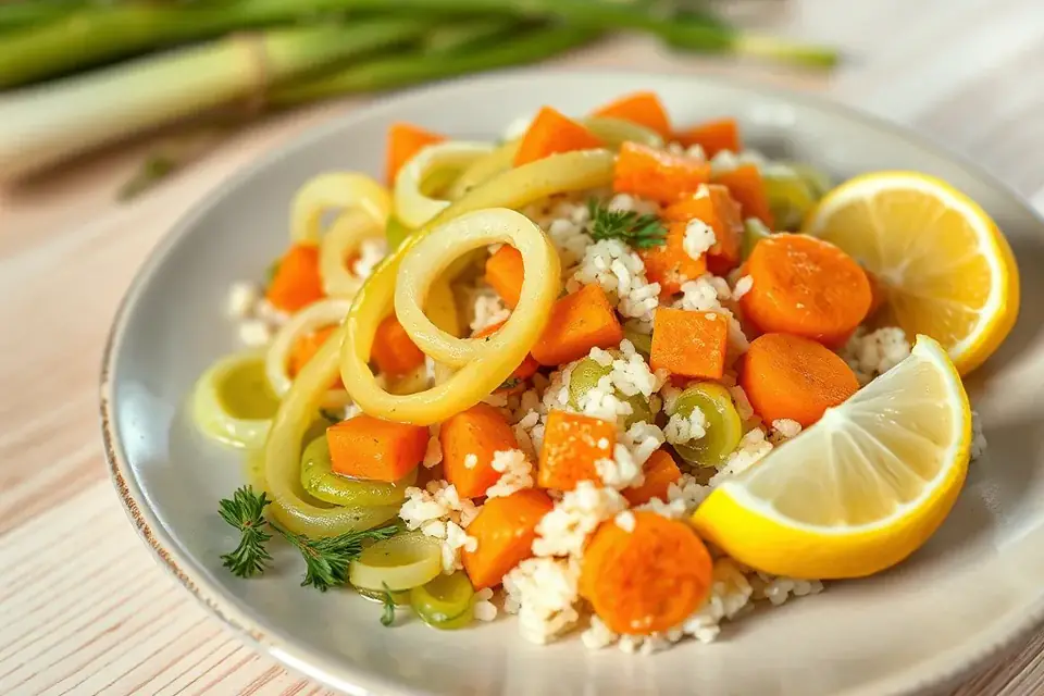 Leeks with carrots in olive oil on a plate